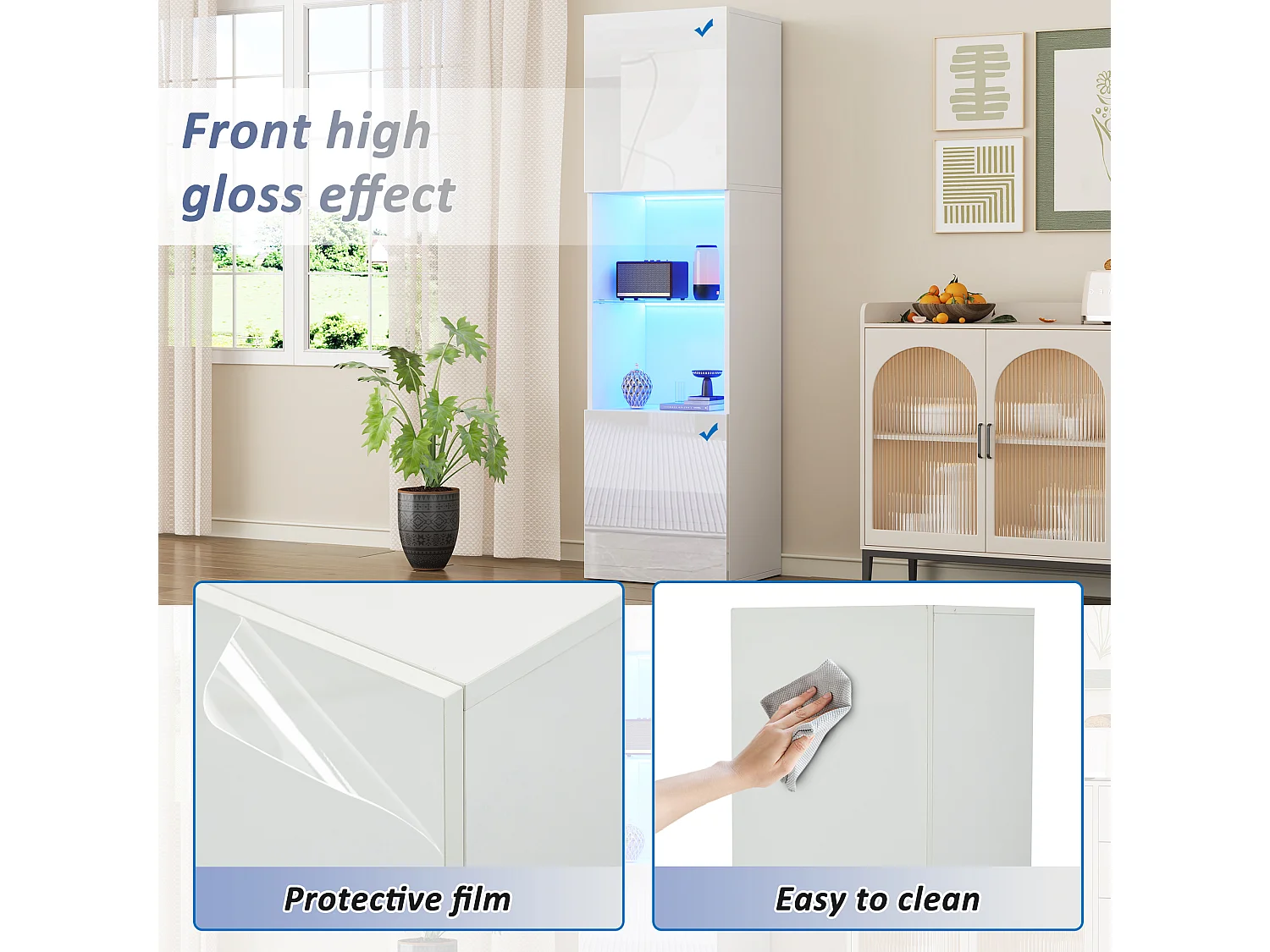 Armário de exposição branco brilhante com LED - Armário alto para sala de estar - Armário de armazenamento - 45x35x160 cm