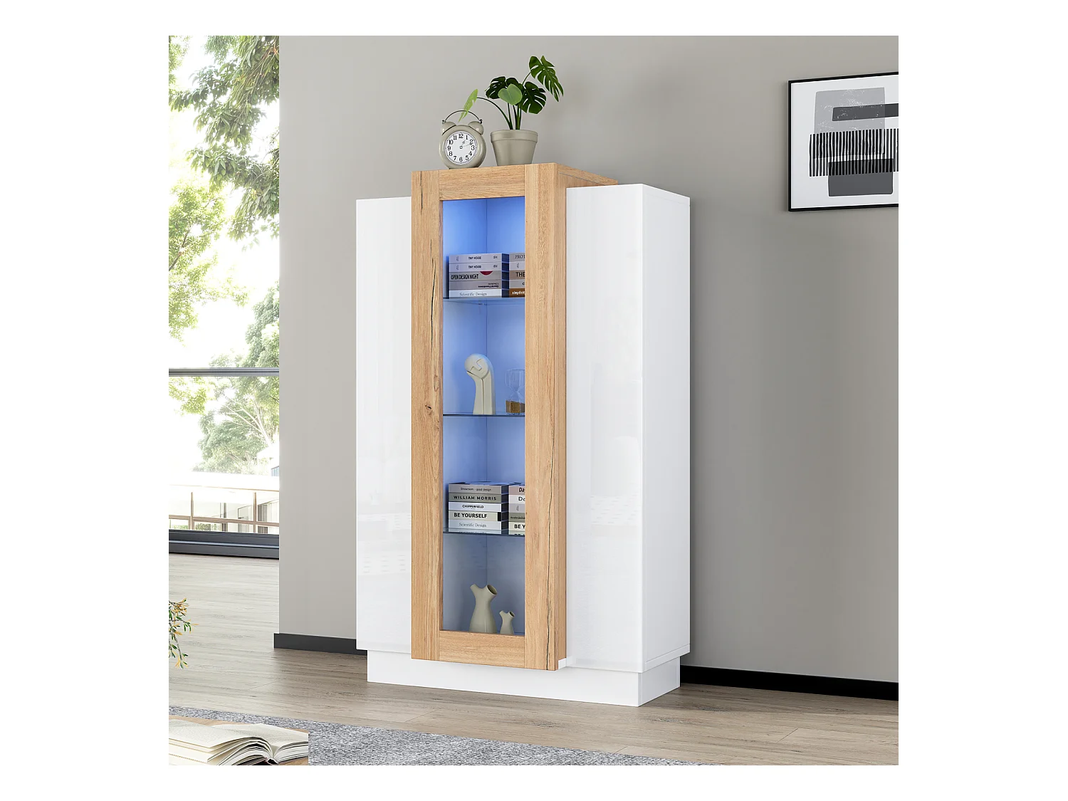 Vitrina brillo con LED, librería con 3 puertas y 3 estantes de cristal, color blanco y madera 120 cm