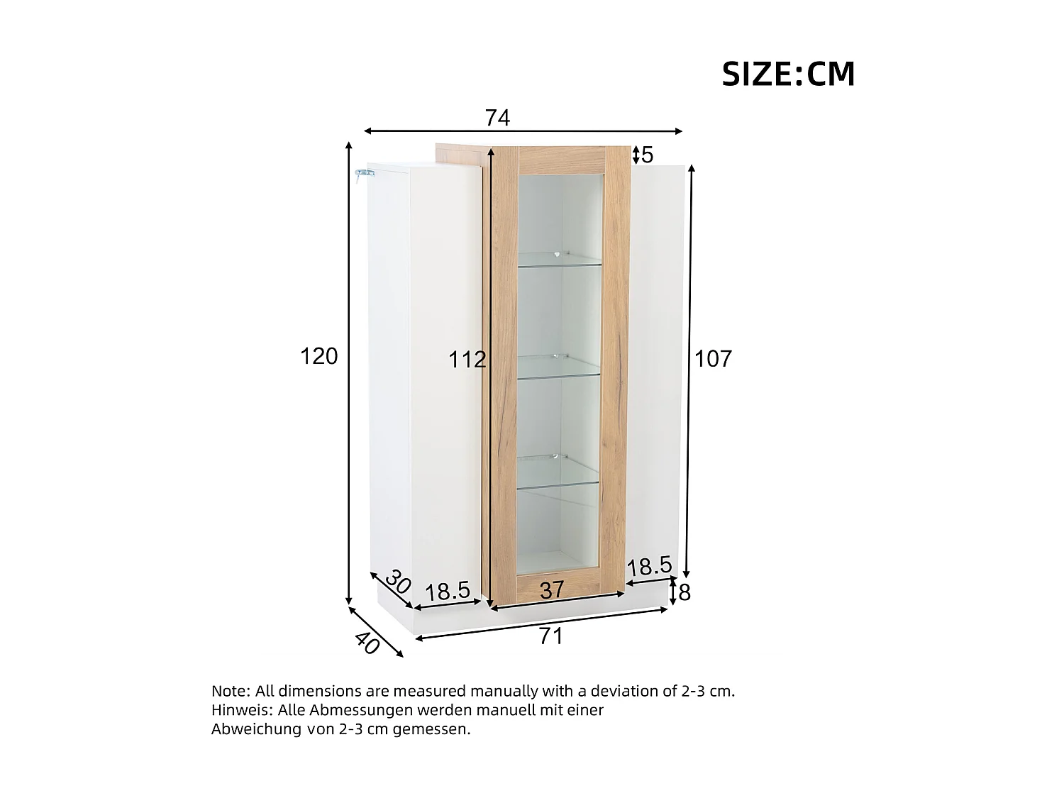 Vitrina brillo con LED, librería con 3 puertas y 3 estantes de cristal, color blanco y madera 120 cm