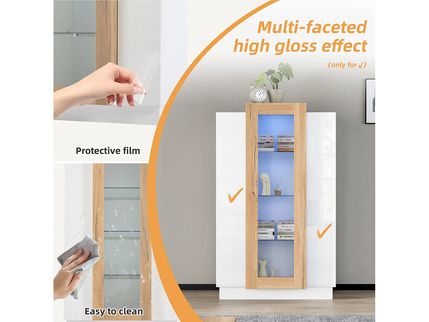 Vitrina brillo con LED, librería con 3 puertas y 3 estantes de cristal, color blanco y madera 120 cm