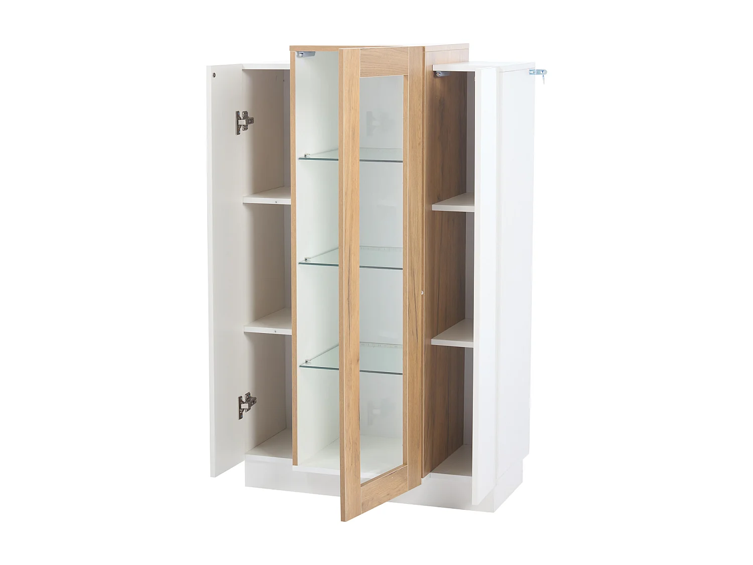 Vitrina brillo con LED, librería con 3 puertas y 3 estantes de cristal, color blanco y madera 120 cm