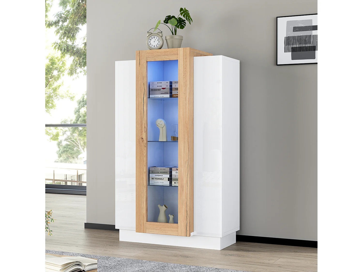 Vitrine brilhante com LED, estante com 3 portas e 3 prateleiras de vidro, branca e madeira 120 cm