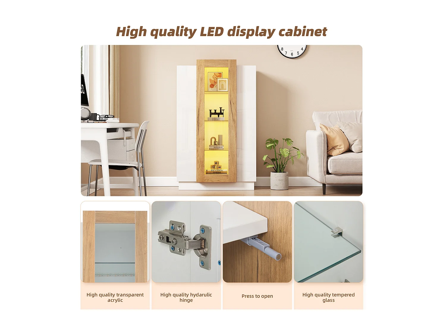 Vitrine brilhante com LED, estante com 3 portas e 3 prateleiras de vidro, branca e madeira 120 cm