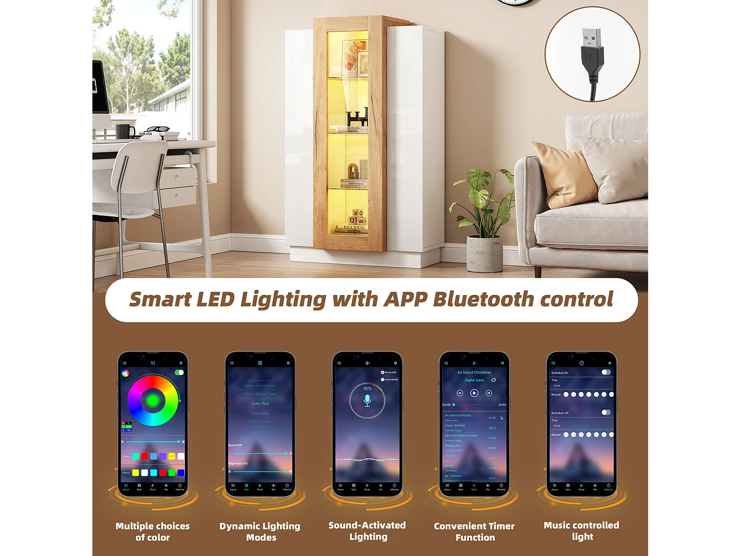 Vitrine brilhante com LED, estante com 3 portas e 3 prateleiras de vidro, branca e madeira 120 cm