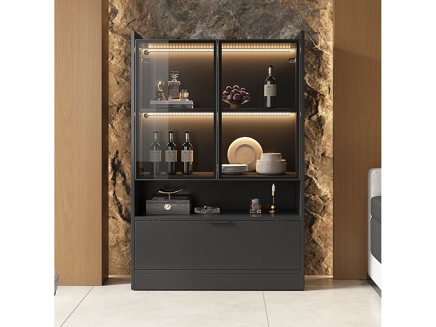 Vitrine de vidro com iluminação LED - Design pop-up - Vitrine colecionável - 35 x 80 x 120 cm, Preto