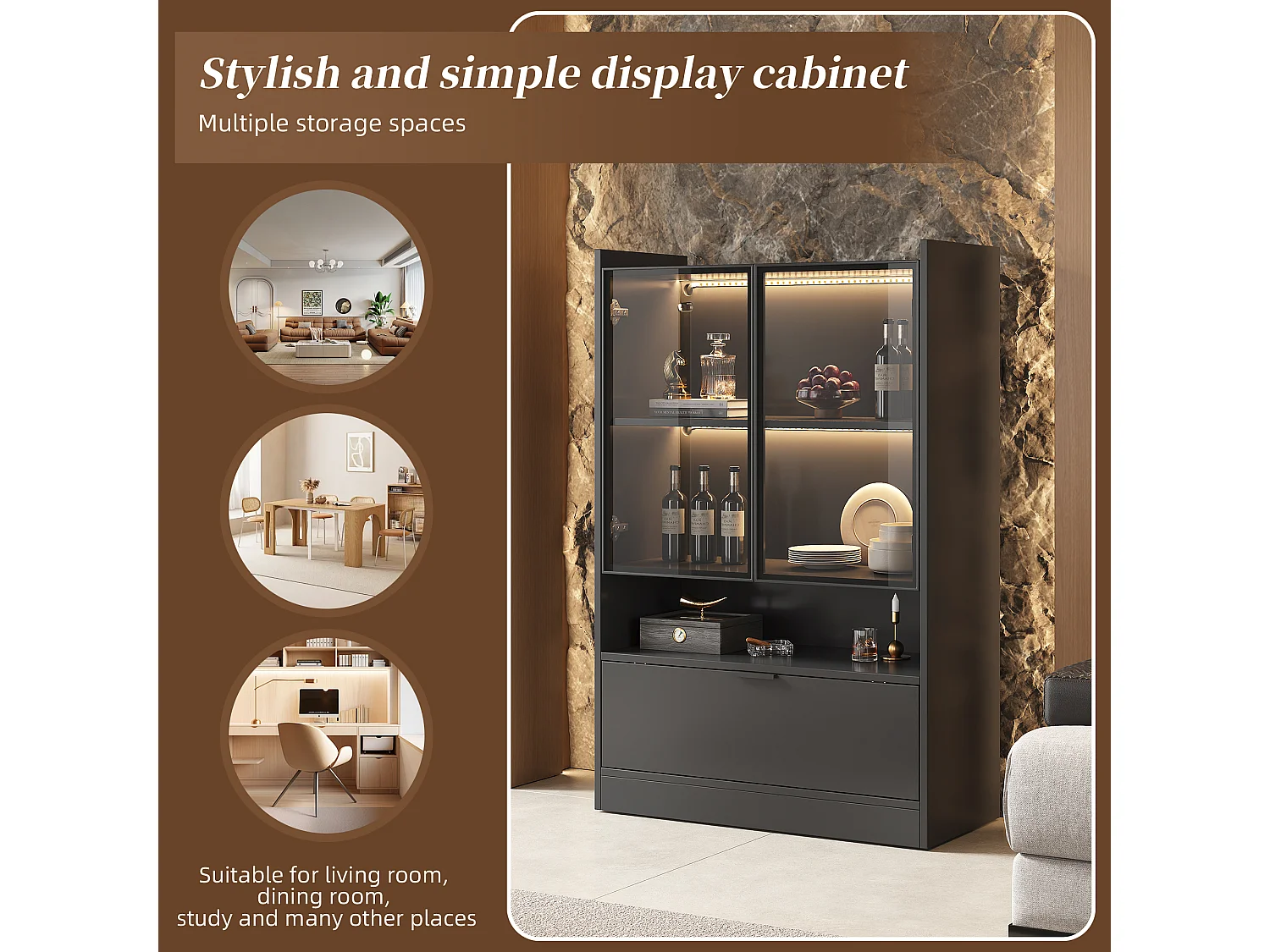 Vitrine de vidro com iluminação LED - Design pop-up - Vitrine colecionável - 35 x 80 x 120 cm, Preto