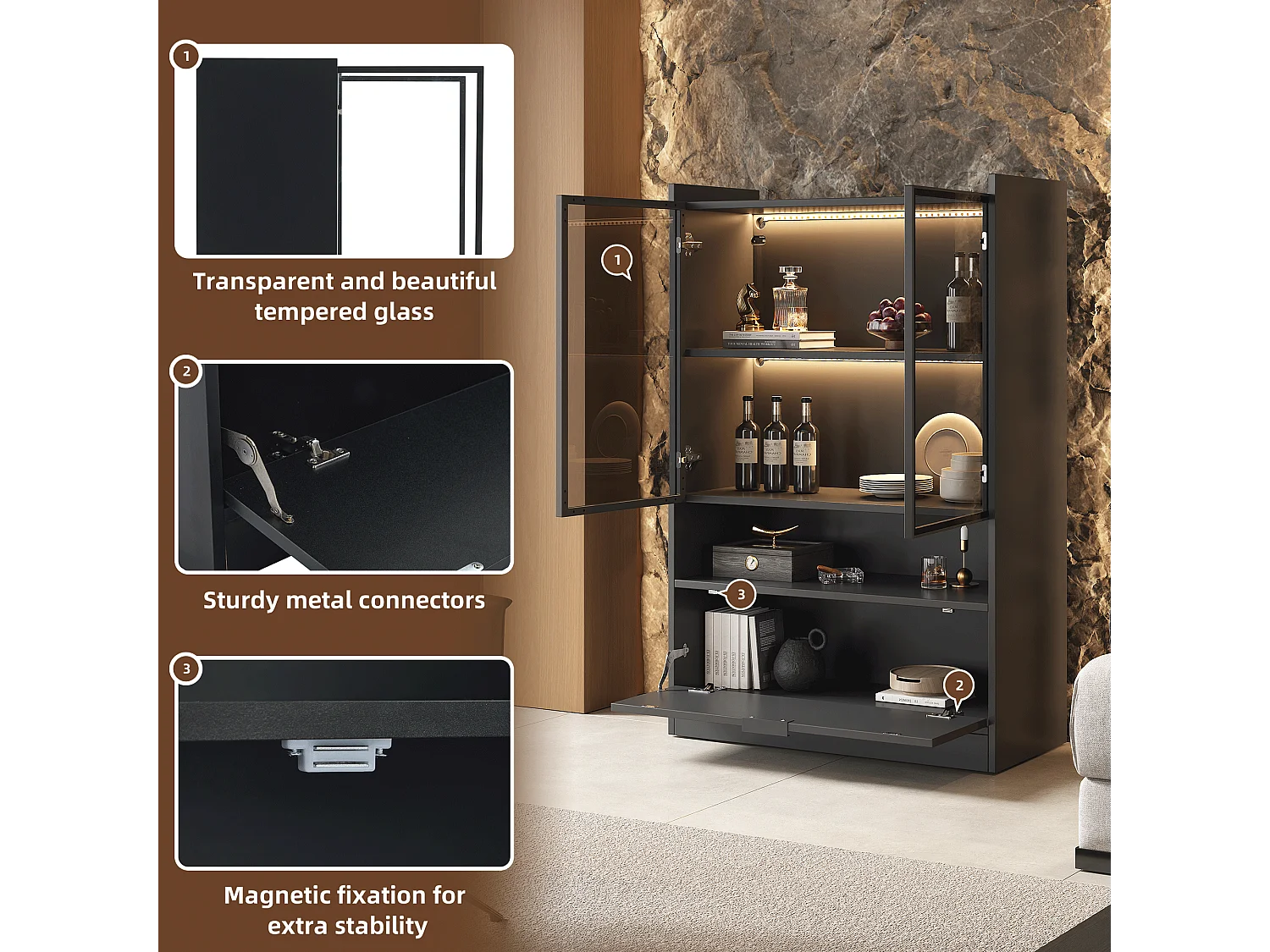 Glazen vitrine met ledverlichting - Pop-up design - Vitrine voor collecties - 35 x 80 x 120 cm, zwart