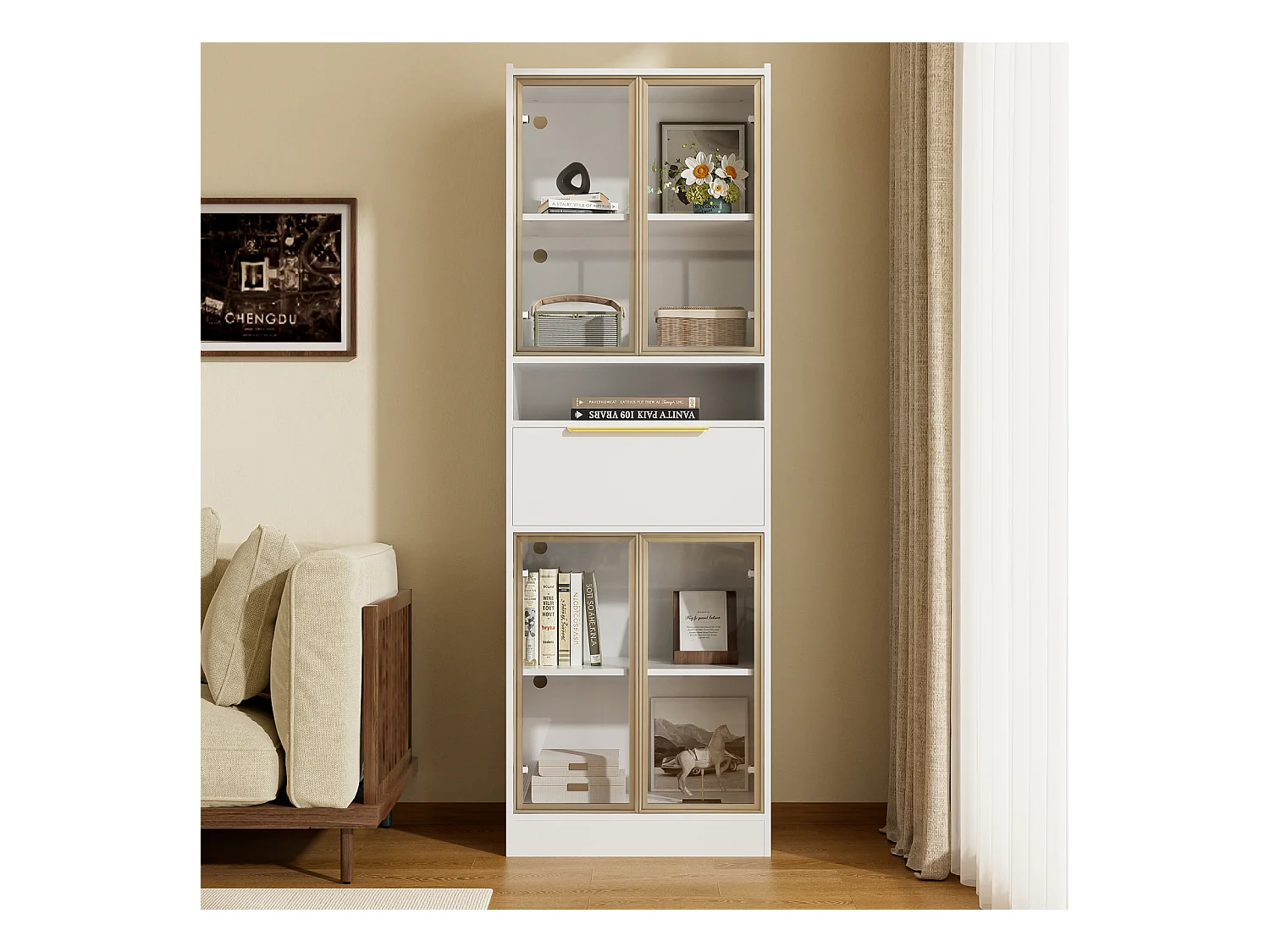 Vitrine moderne blanche avec 16 couleurs LED et Bluetooth – 60×35×180 cm, avec verre et tiroir