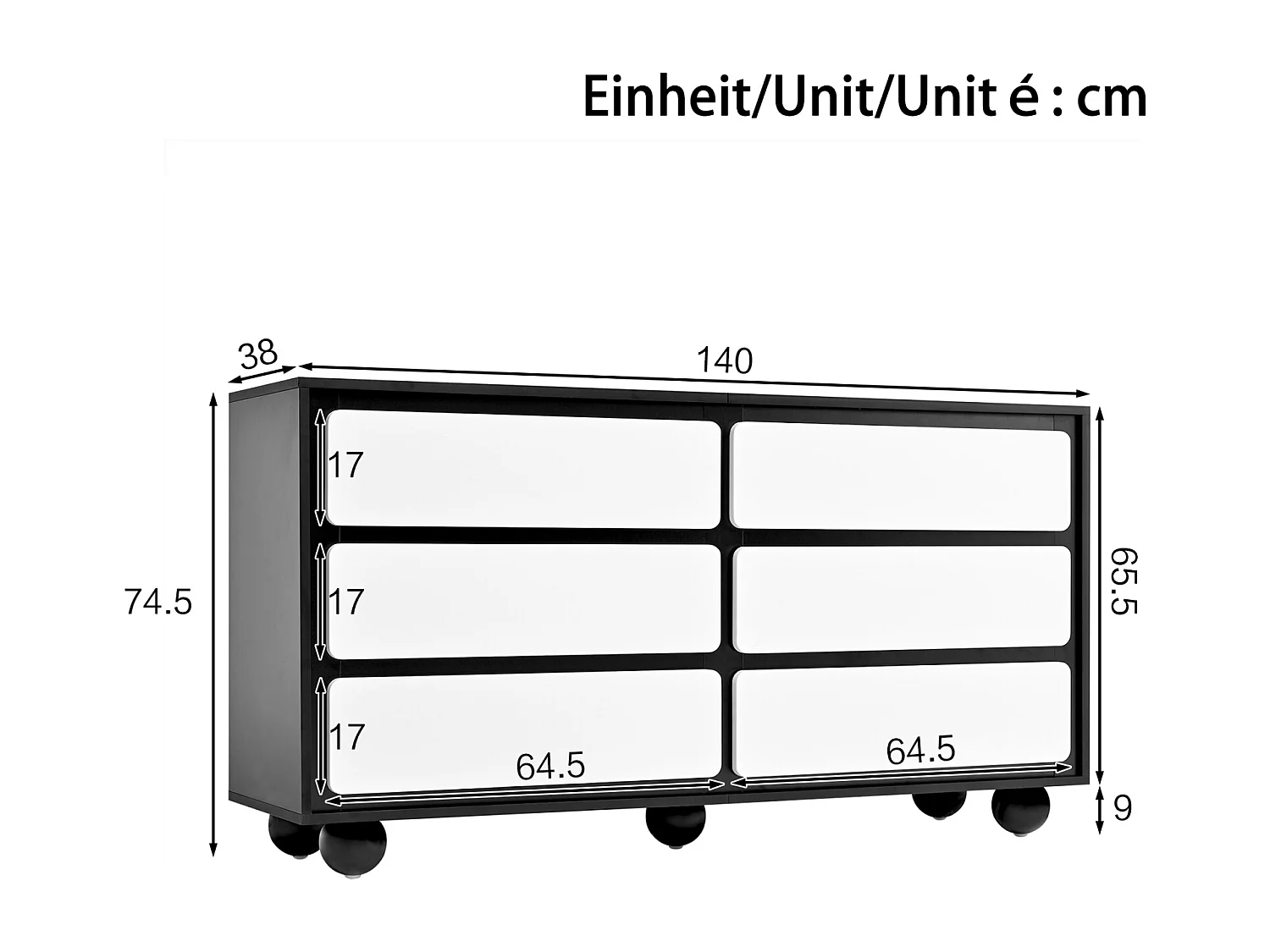 Cômoda moderna com 6 gavetas – Unidade de armazenamento elegante para sala de estar ou quarto