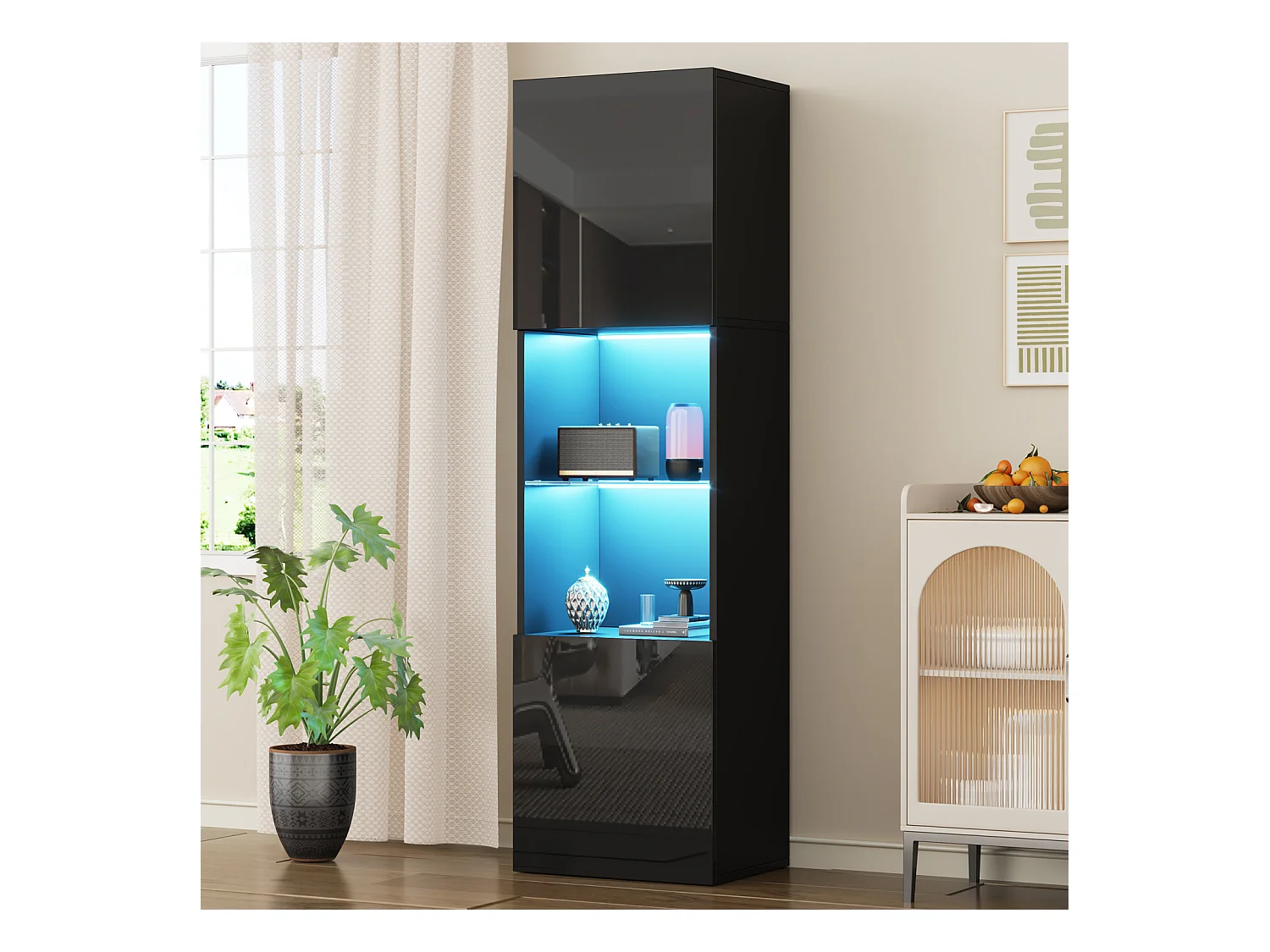 Vitrina negra brillante con LED - Mueble alto para salón - Mueble de almacenaje - 45x35x160 cm