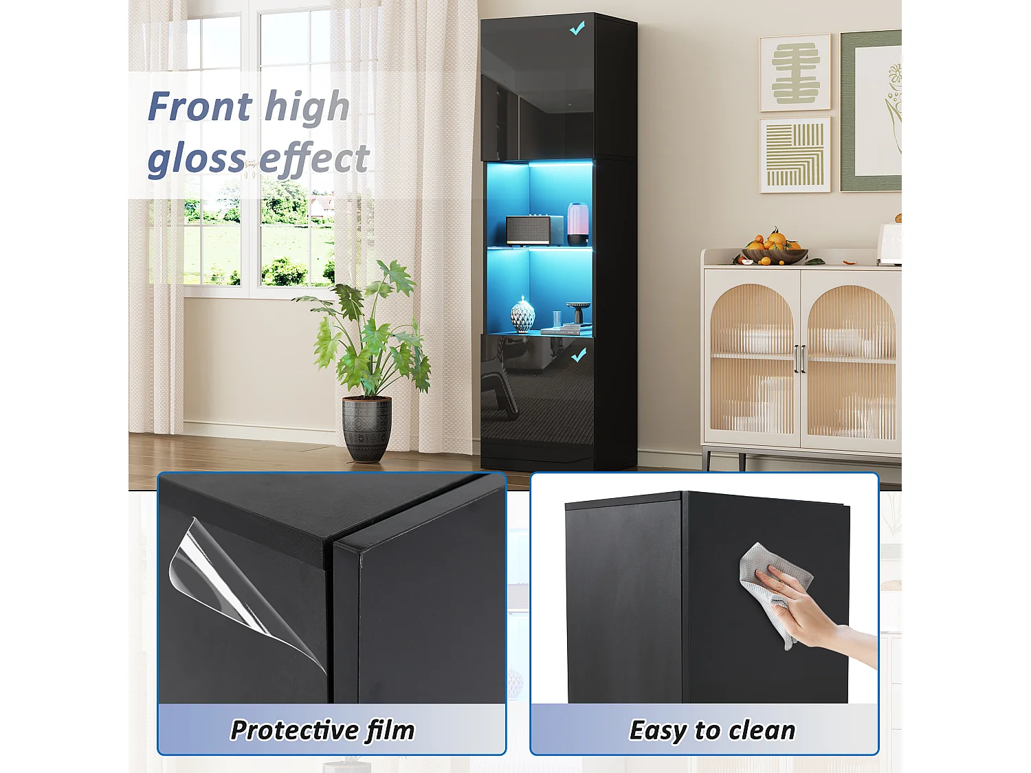 Vitrina negra brillante con LED - Mueble alto para salón - Mueble de almacenaje - 45x35x160 cm