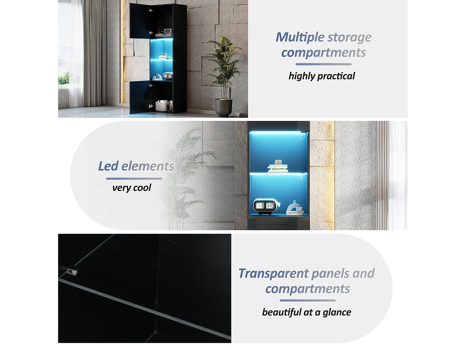 Vitrina negra brillante con LED - Mueble alto para salón - Mueble de almacenaje - 45x35x160 cm