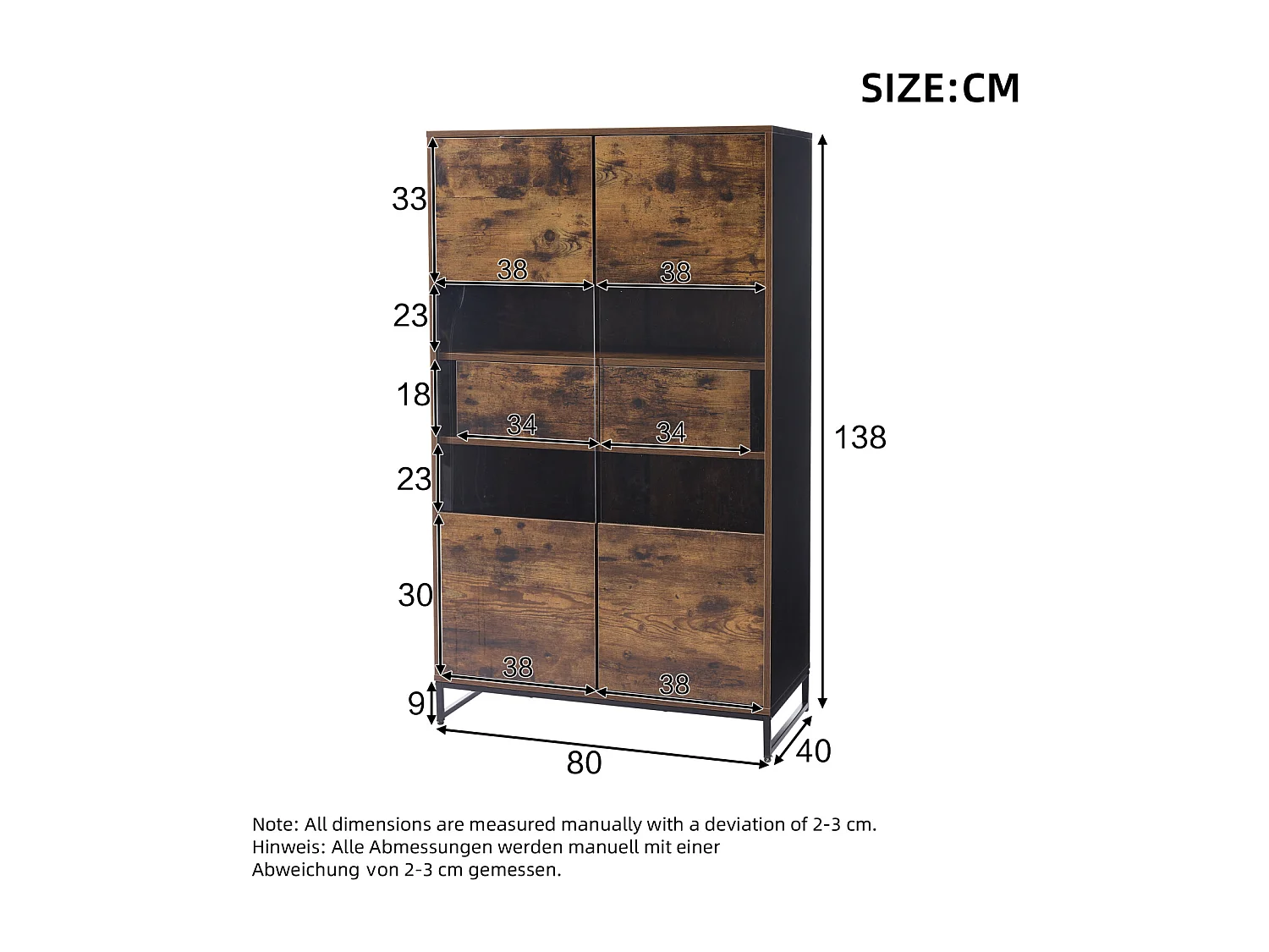 Vitrine avec LED, vitrine sur pied, armoires à 2 tiroirs, avec panneau acrylique, 80x40x138, marro