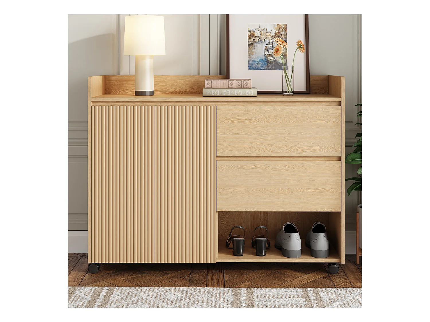 Zapatero móvil con ruedas con freno – Estantes regulables y bisagras amortiguadas