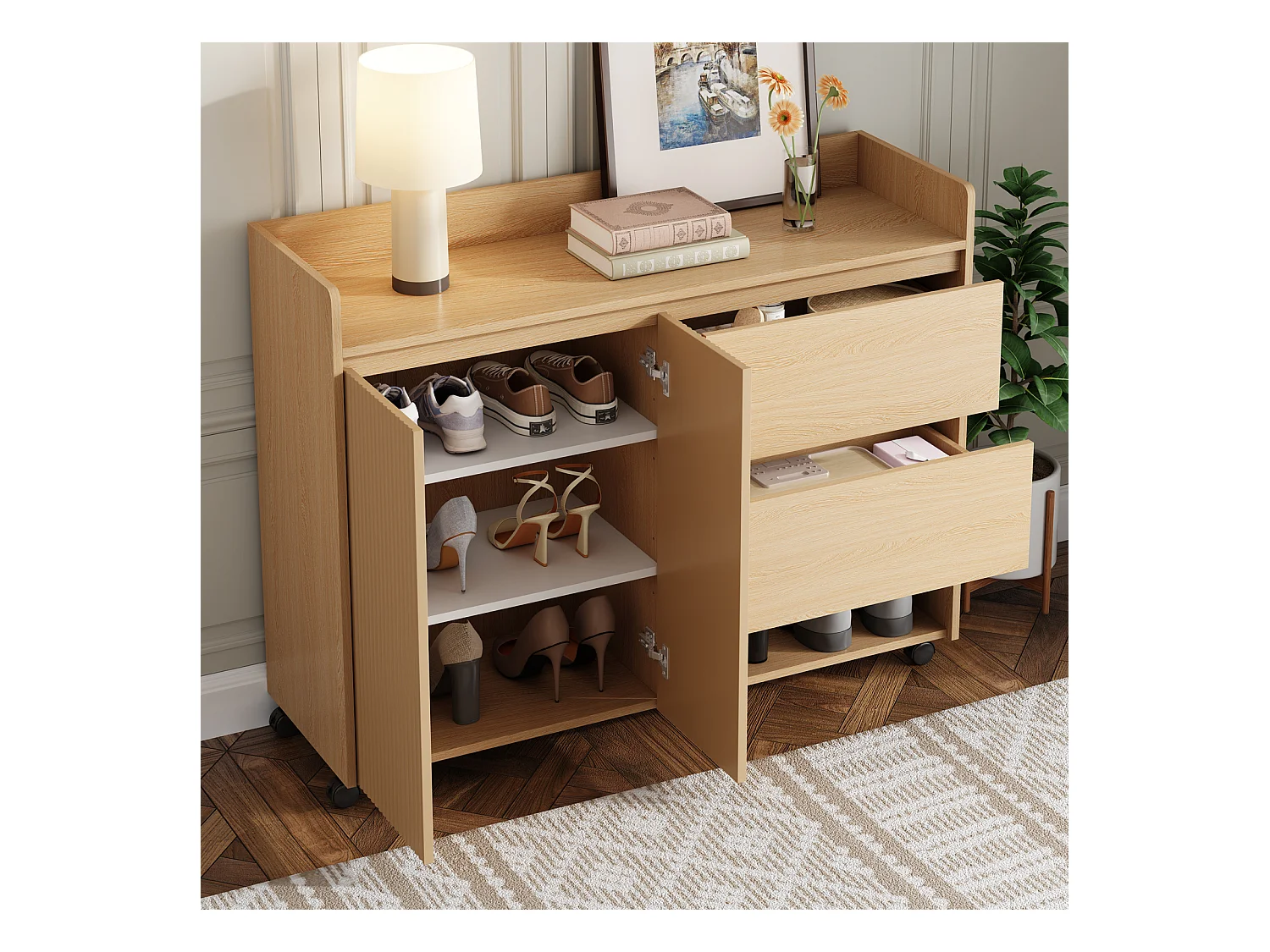 Zapatero móvil con ruedas con freno – Estantes regulables y bisagras amortiguadas