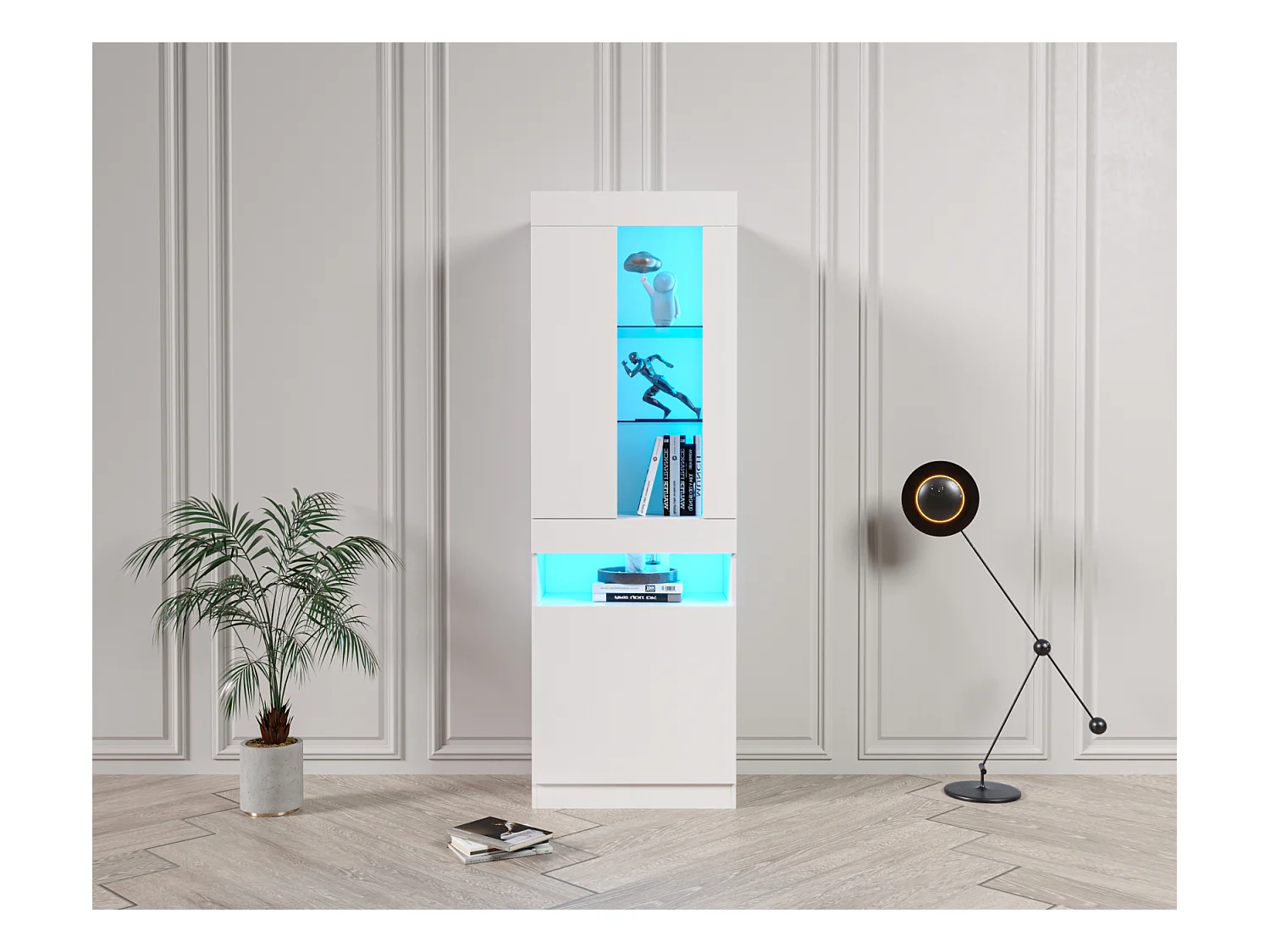 Vitrine LED RGB 16 Couleurs, Armoire de Rangement Blanc, Buffet avec Éclairage Ambiant