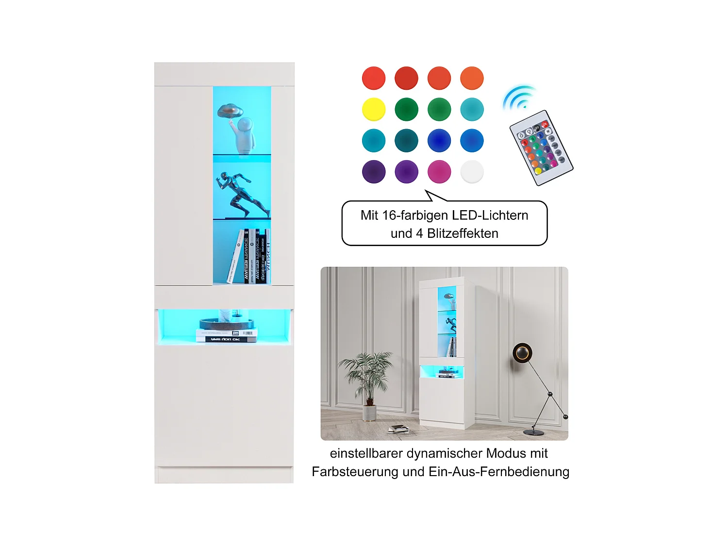 Vitrine LED RGB 16 Couleurs, Armoire de Rangement Blanc, Buffet avec Éclairage Ambiant