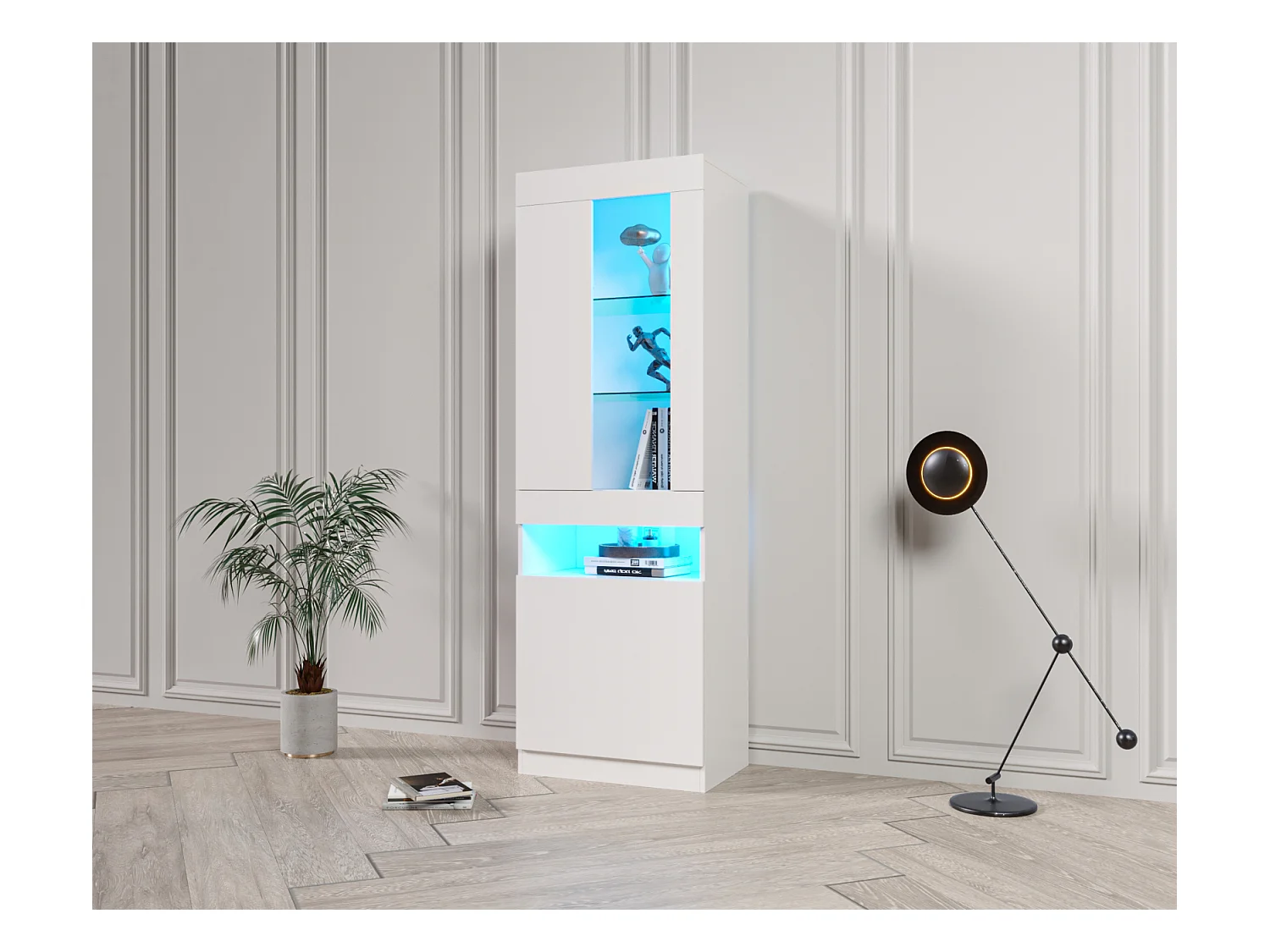 Vitrina LED RGB de 16 colores, mueble de almacenamiento blanco, aparador con iluminación ambiental