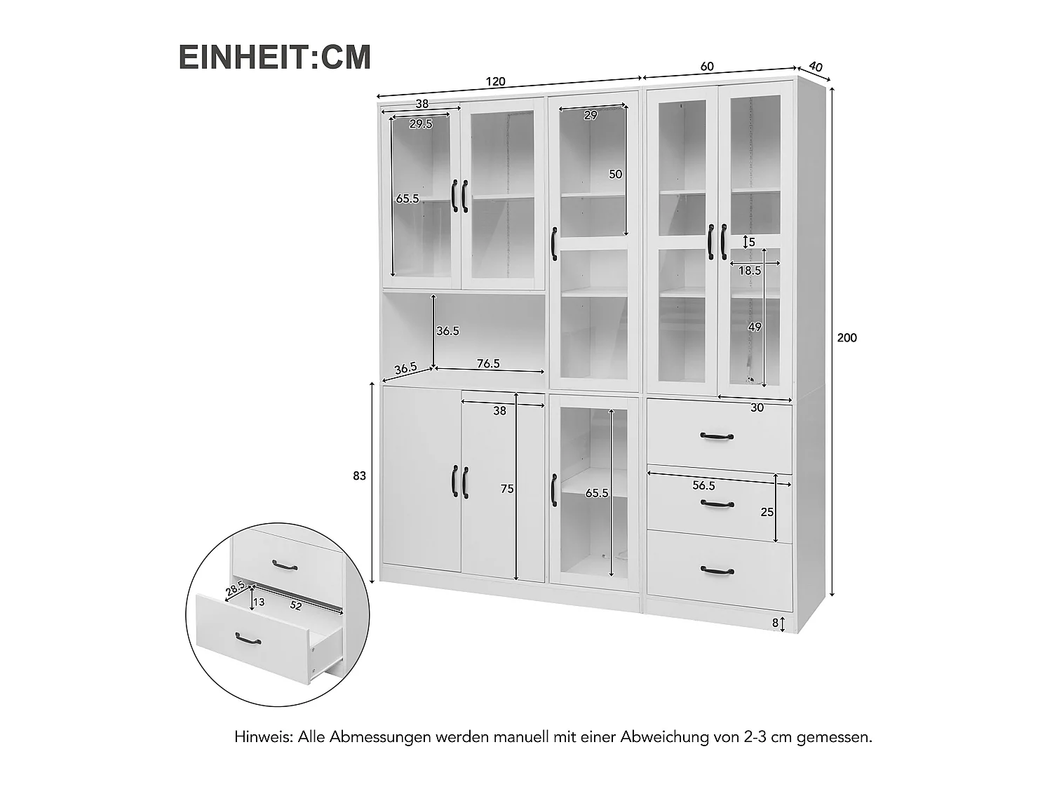 Vitrine Blanche Design Moderne, 200 cm, 8 Portes et 3 Tiroirs, Éclairage LED pour Salon