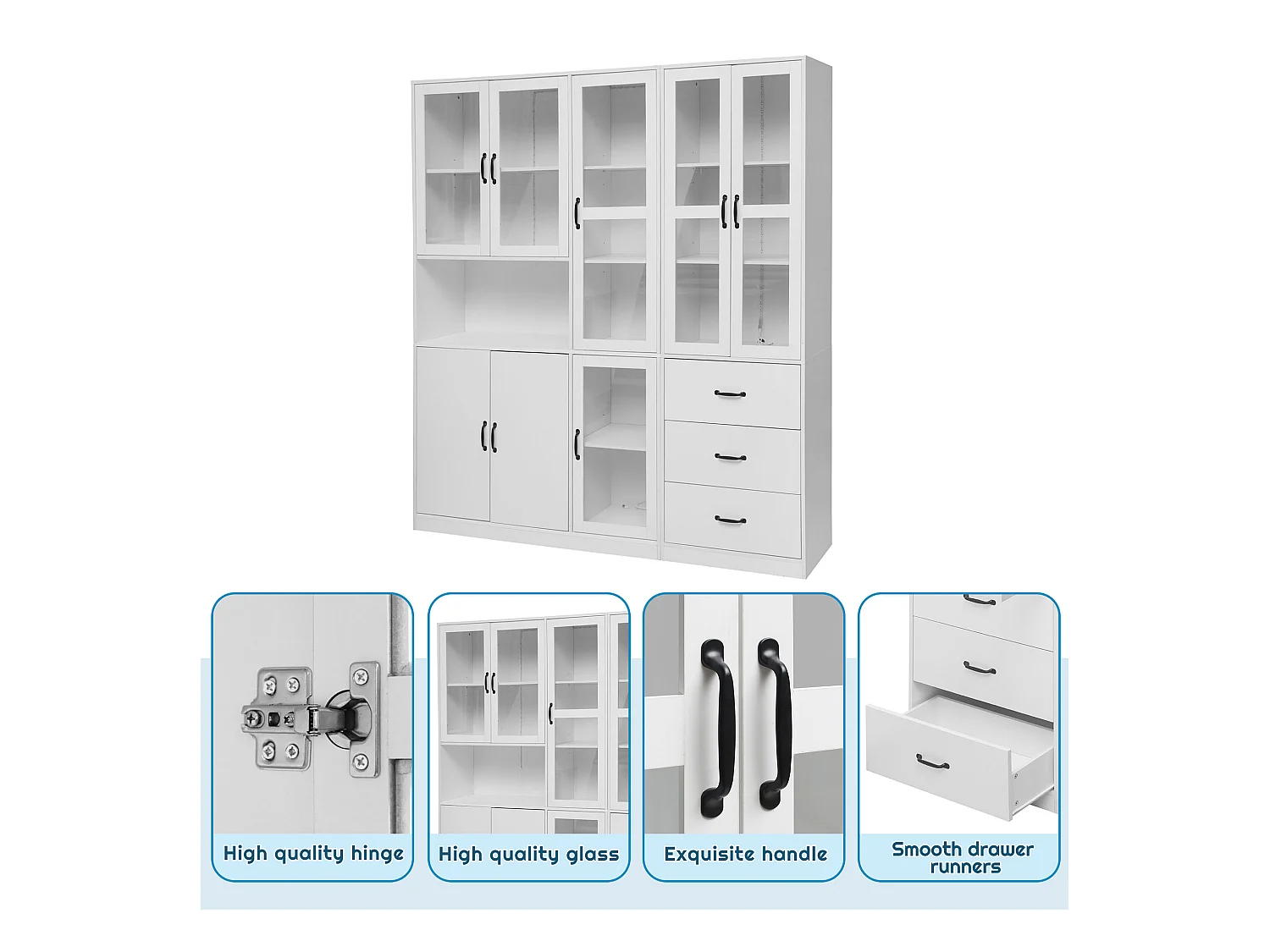 Vitrine Blanche Design Moderne, 200 cm, 8 Portes et 3 Tiroirs, Éclairage LED pour Salon