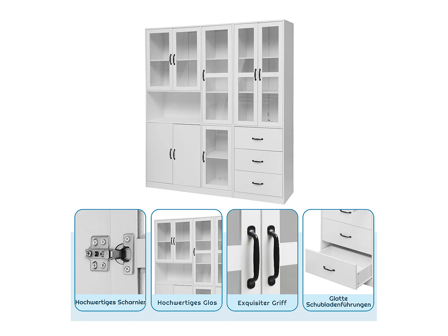 Vitrine Blanche Design Moderne, 200 cm, 8 Portes et 3 Tiroirs, Éclairage LED pour Salon