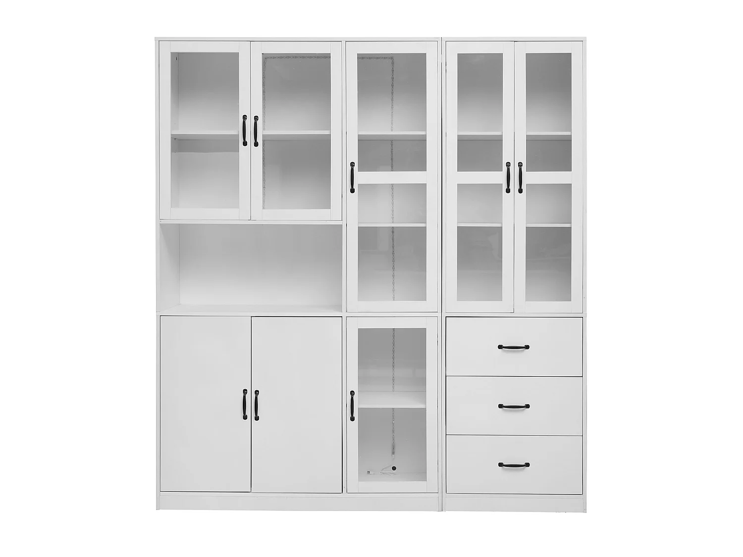 Vitrine Blanche Design Moderne, 200 cm, 8 Portes et 3 Tiroirs, Éclairage LED pour Salon