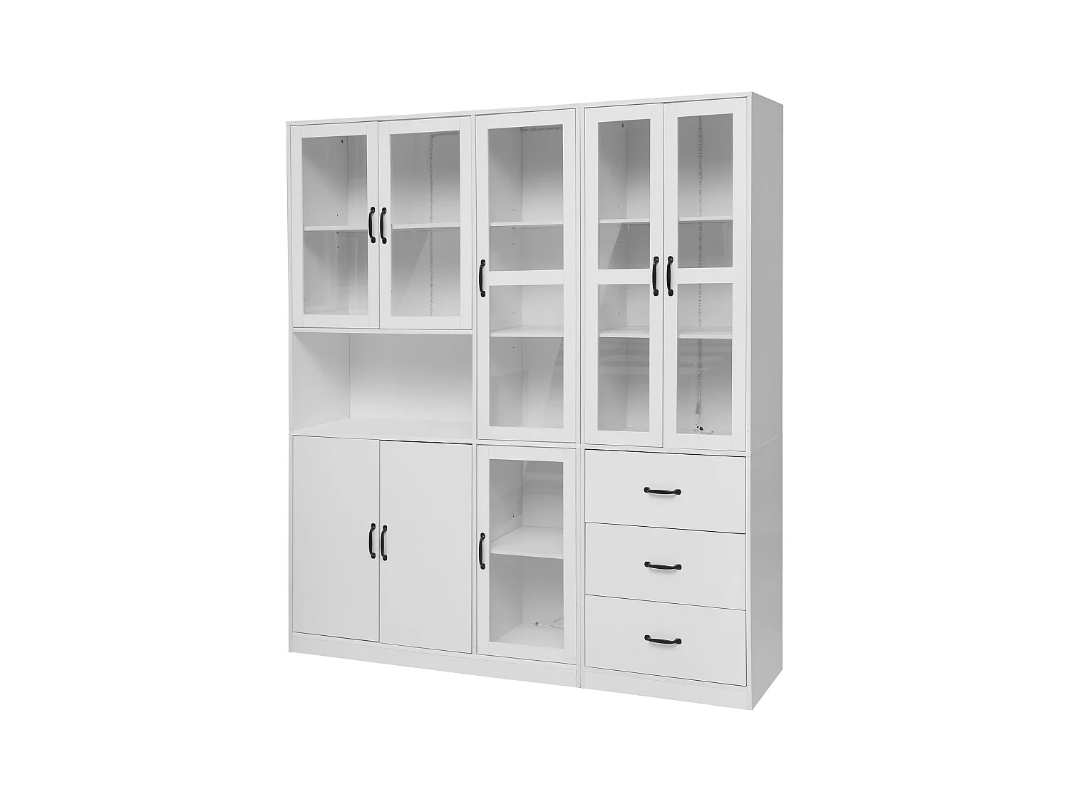 Vitrine Blanche Design Moderne, 200 cm, 8 Portes et 3 Tiroirs, Éclairage LED pour Salon