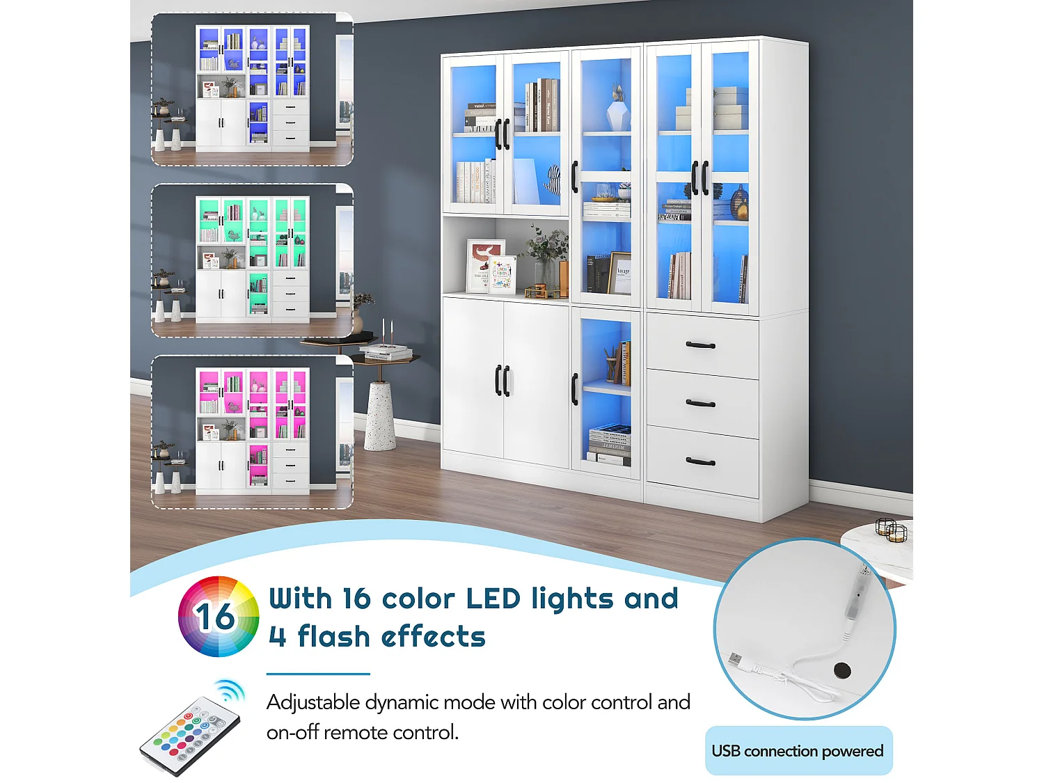 Vitrine Blanche Design Moderne, 200 cm, 8 Portes et 3 Tiroirs, Éclairage LED pour Salon