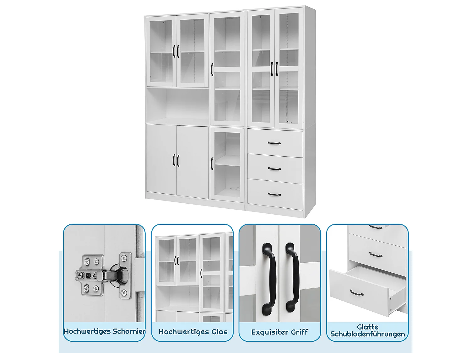 Vitrine Blanche Design Moderne, 200 cm, 8 Portes et 3 Tiroirs, Éclairage LED pour Salon