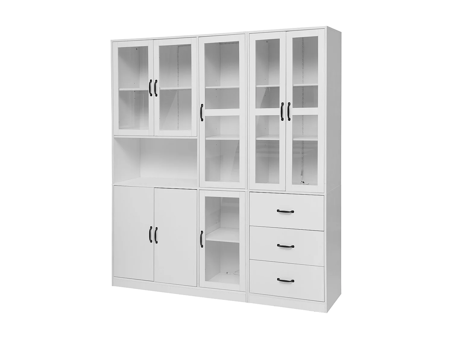 Vitrine Blanche Design Moderne, 200 cm, 8 Portes et 3 Tiroirs, Éclairage LED pour Salon