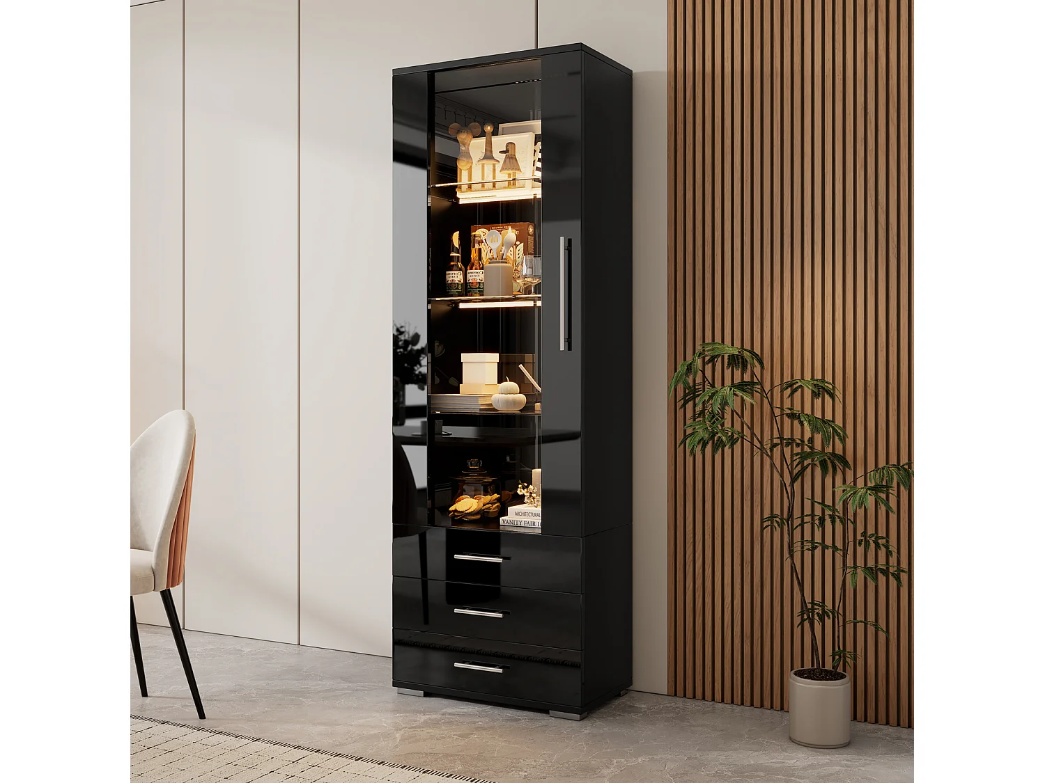 Vitrine haute brillance noir avec LED et 3 tiroirs, vitrine verticale 60x35x180 cm pour salon