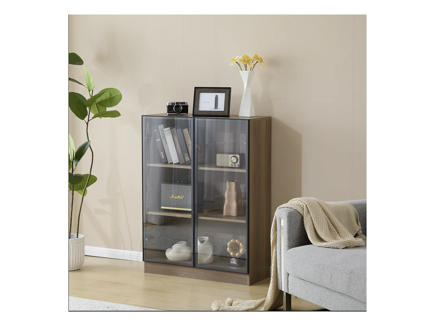 Vitrine en Verre avec LED, Armoire vitrine sur Pied avec 3 étagères, Meuble vitrine, Noyer Naturel