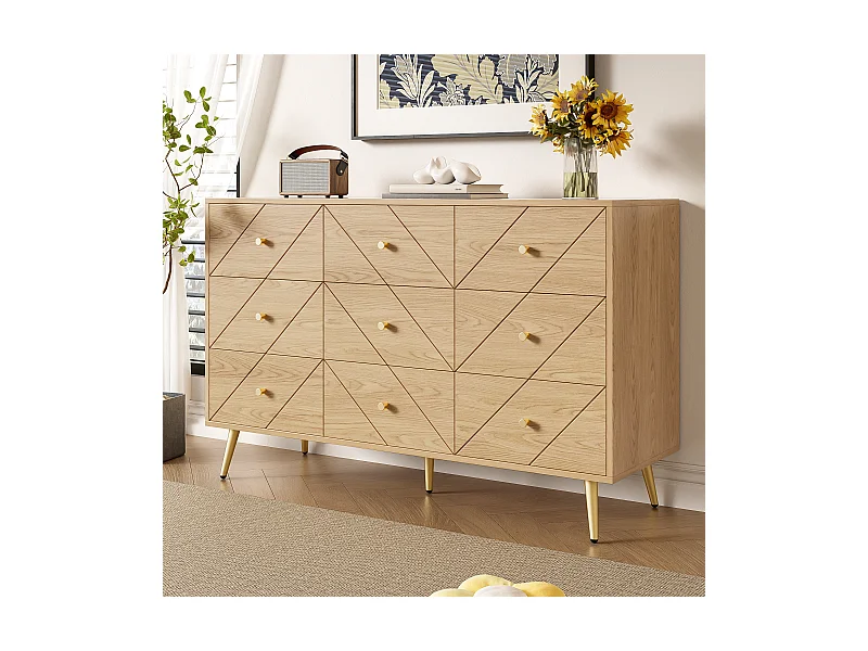 Cômoda moderna com 9 gavetas e pés de metal - Design geométrico para sala e quarto