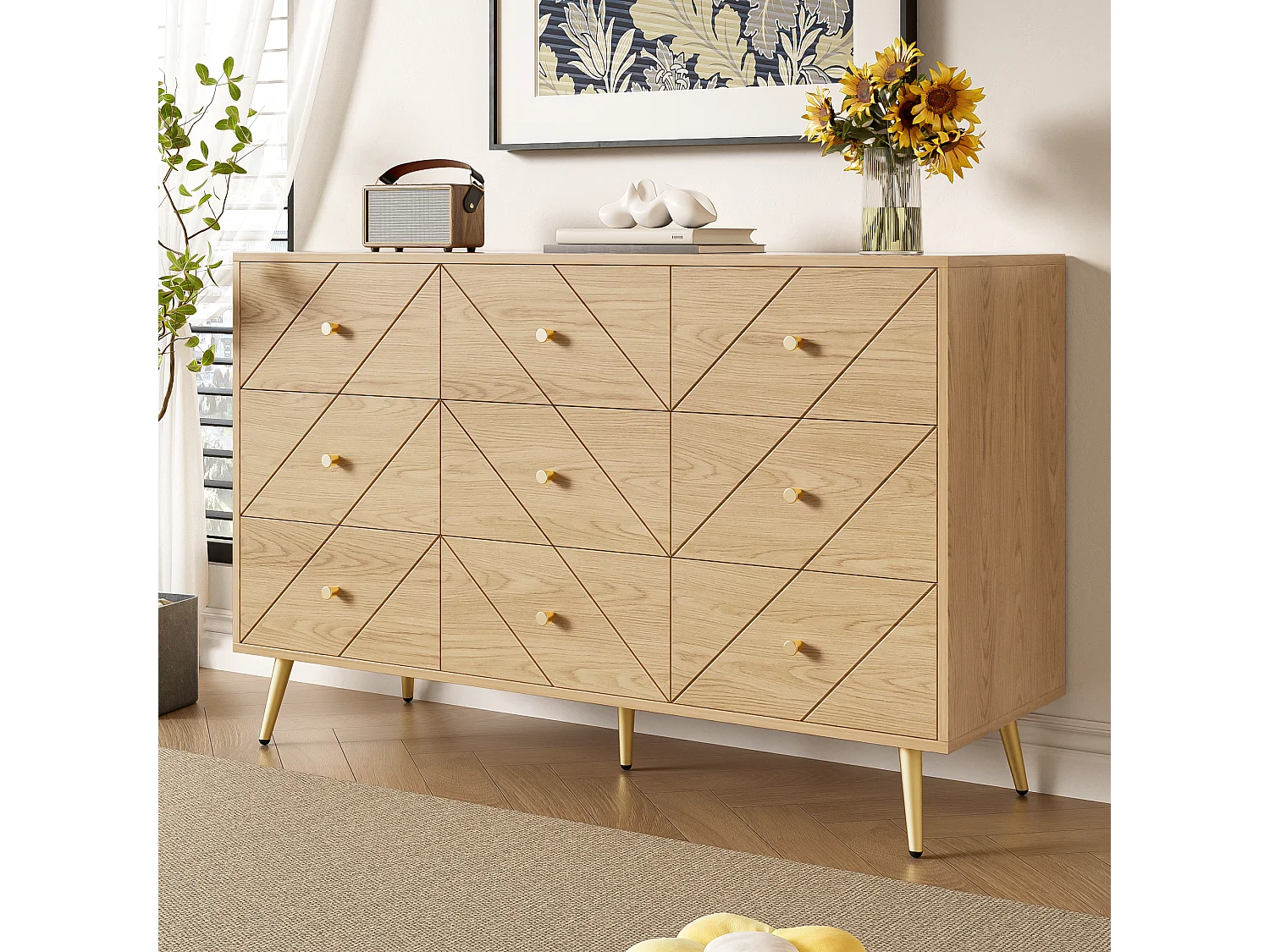 Cômoda moderna com 9 gavetas e pés de metal - Design geométrico para sala e quarto