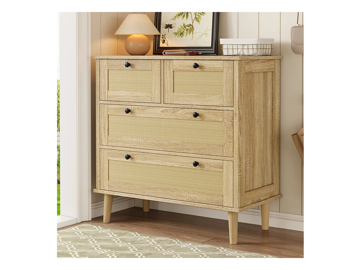 Commode 4 tiroirs avec tiroirs rotin et pieds bois massif, pour chambre à coucher, salon, 80x80x40cm