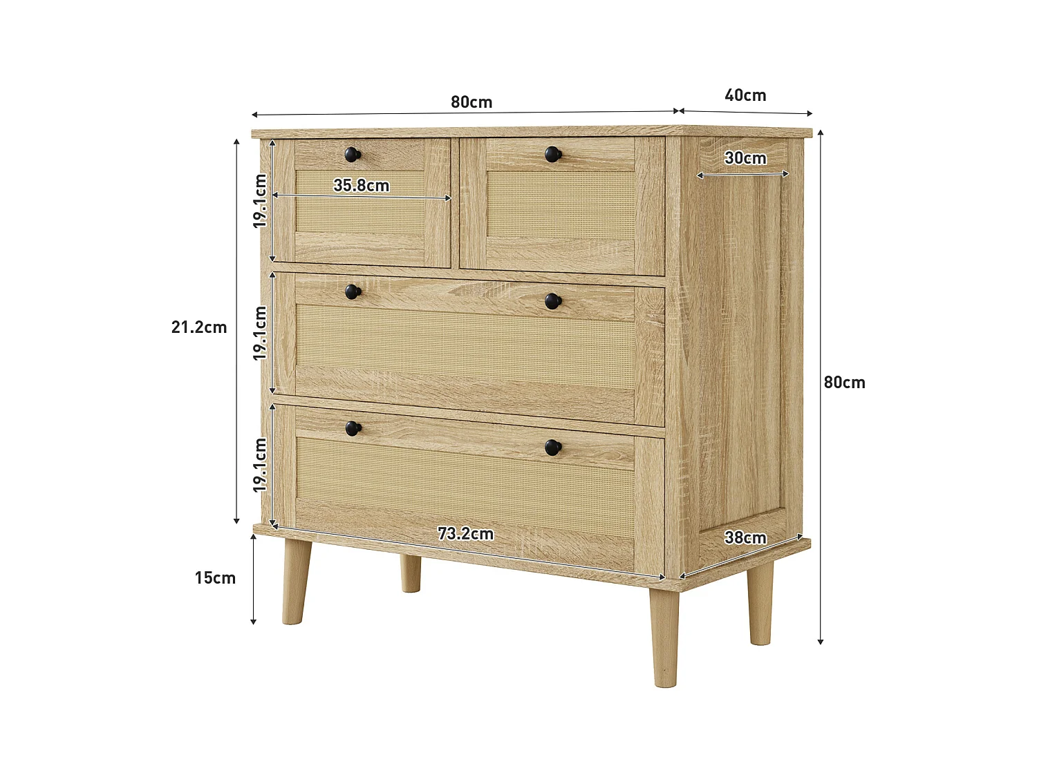 Commode 4 tiroirs avec tiroirs rotin et pieds bois massif, pour chambre à coucher, salon, 80x80x40cm