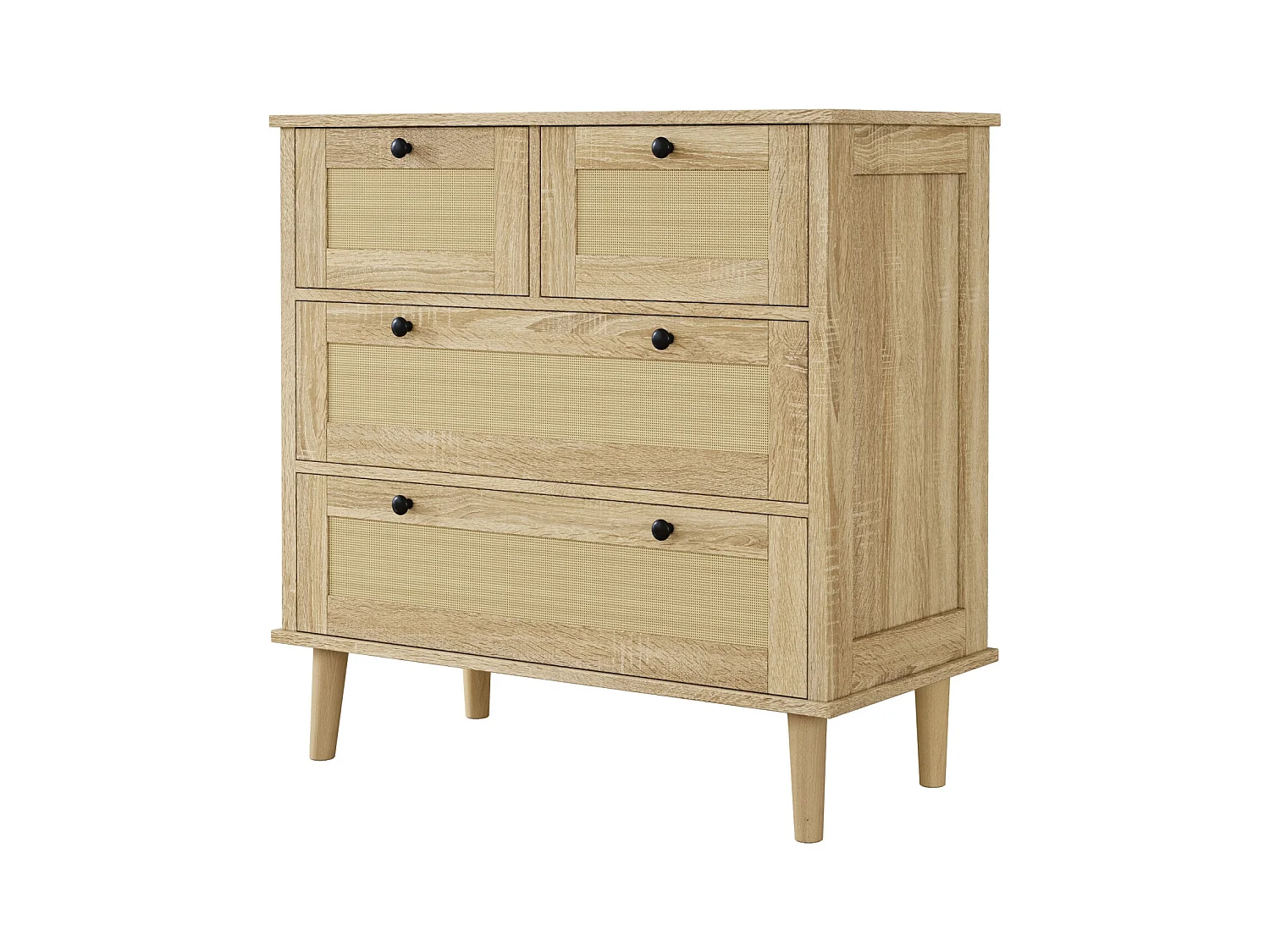 Commode 4 tiroirs avec tiroirs rotin et pieds bois massif, pour chambre à coucher, salon, 80x80x40cm