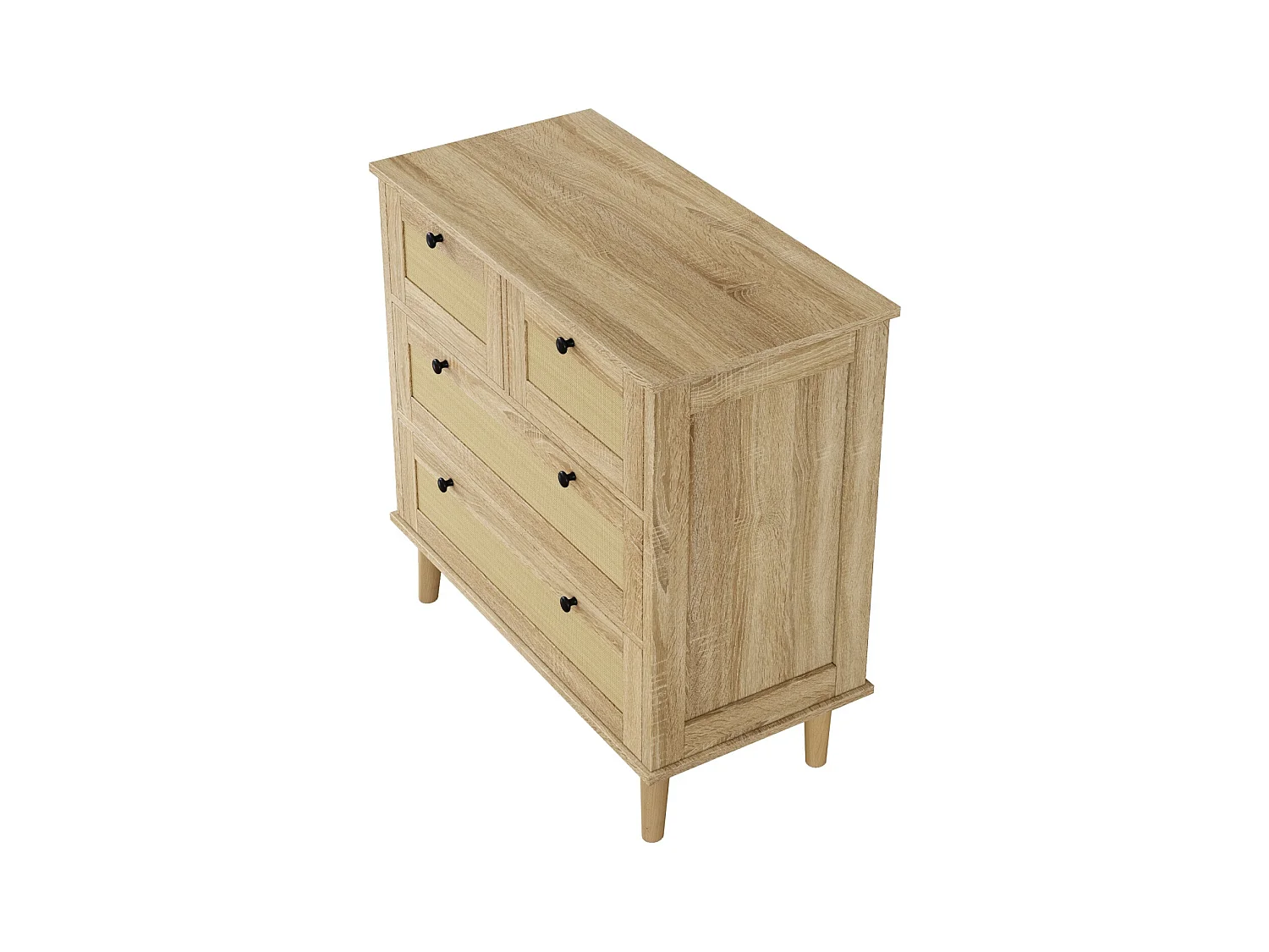 Commode 4 tiroirs avec tiroirs rotin et pieds bois massif, pour chambre à coucher, salon, 80x80x40cm