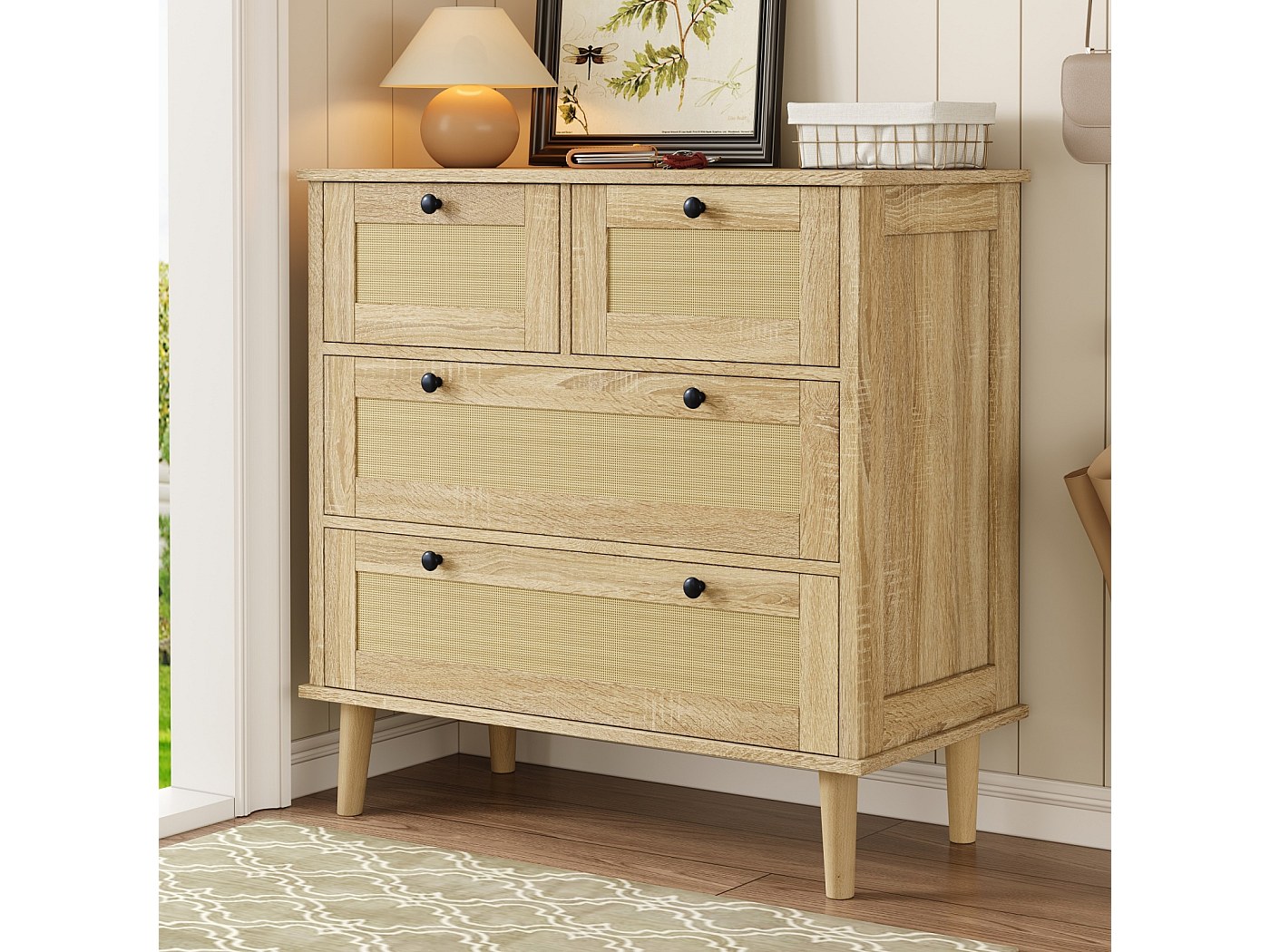 Commode 4 tiroirs avec tiroirs rotin et pieds bois massif, pour chambre ...