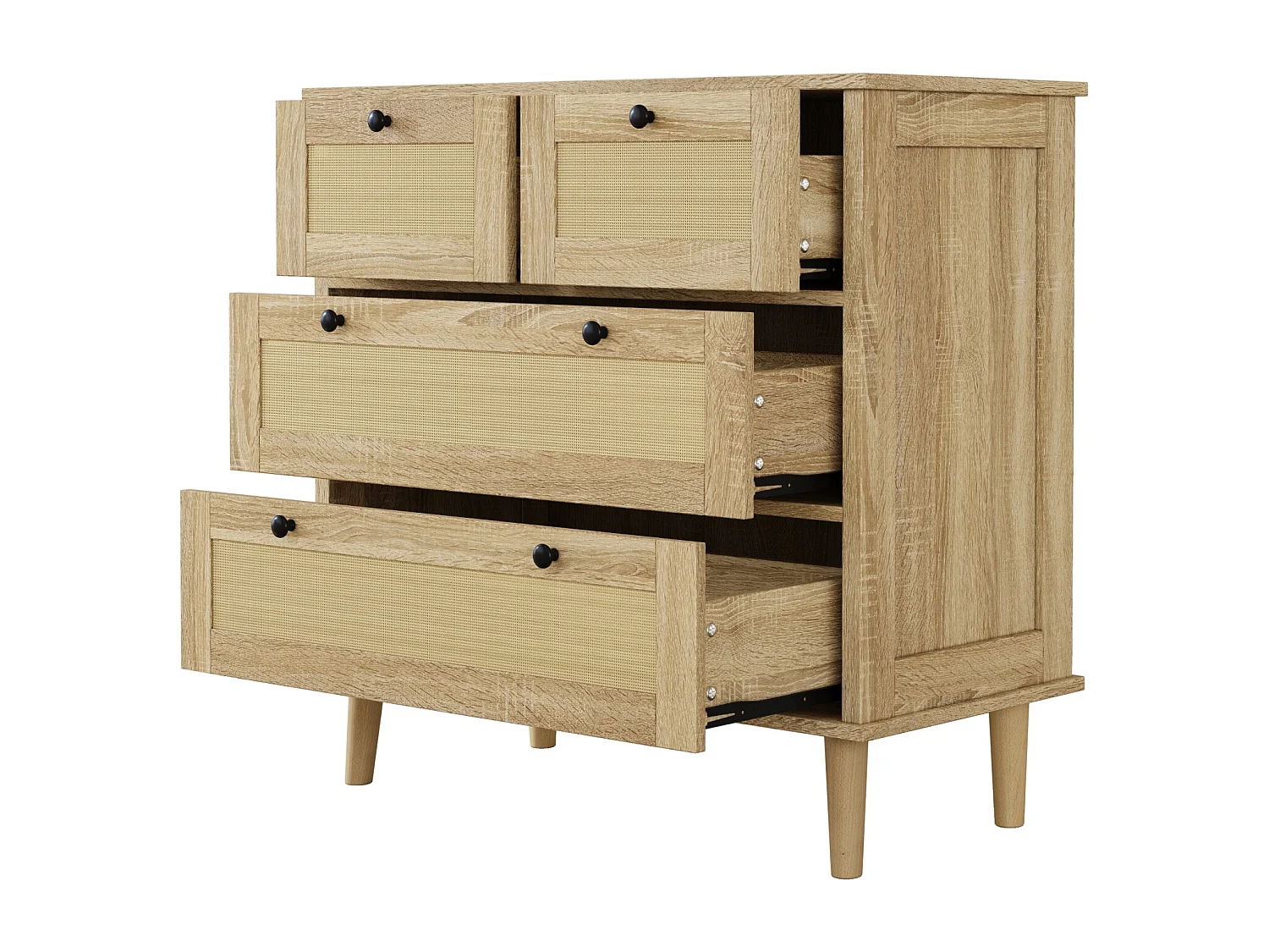 Cômoda com 4 gavetas, com gavetas de vime e pés de madeira maciça, para quarto, sala de estar, 80x80x40cm