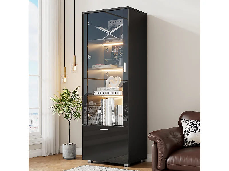 Vitrine noire brillante avec portes en verre, avec LED, avec 3 étagères en verre, 40 x 50 x 160 cm