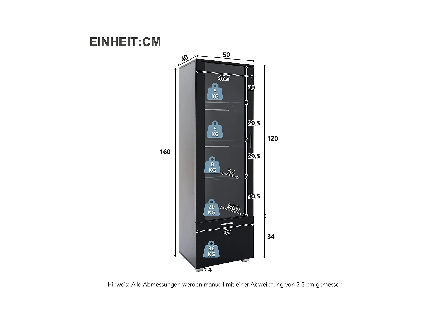 Vitrine preta brilhante com portas de vidro, com LED, com 3 prateleiras de vidro, 40 x 50 x 160 cm