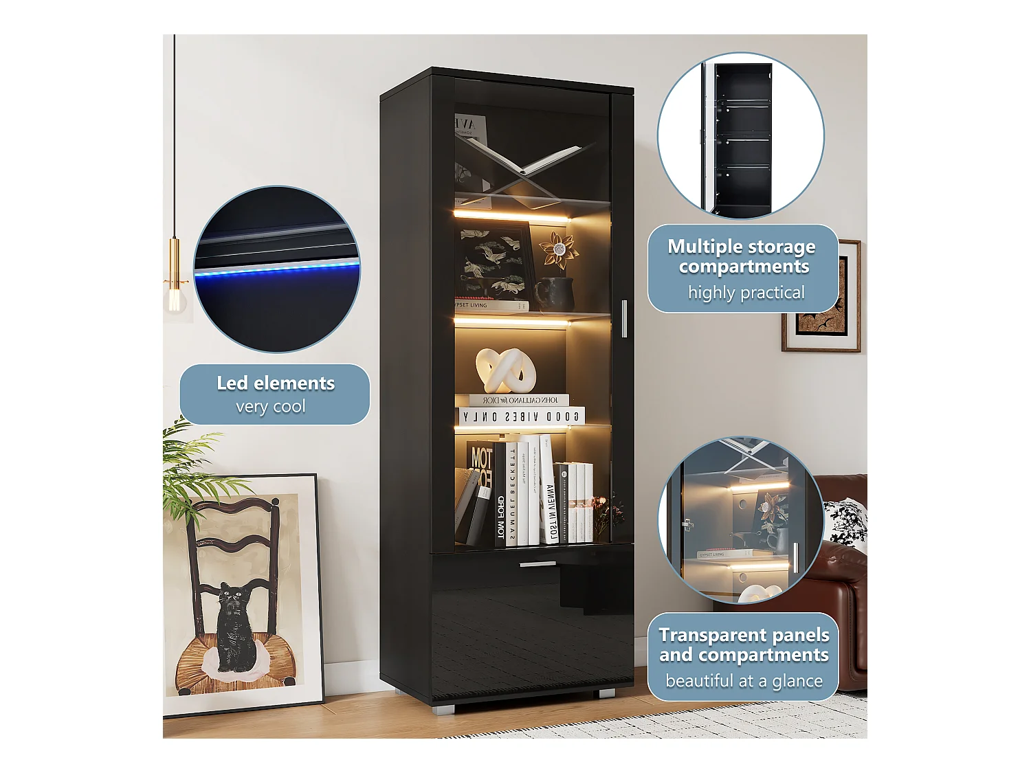 Vitrine preta brilhante com portas de vidro, com LED, com 3 prateleiras de vidro, 40 x 50 x 160 cm