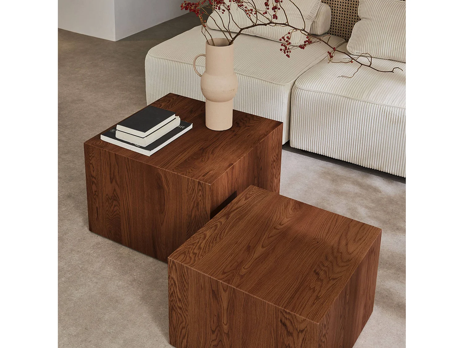 Mesas de centro cuadradas efecto fresno, set de 2 nogal