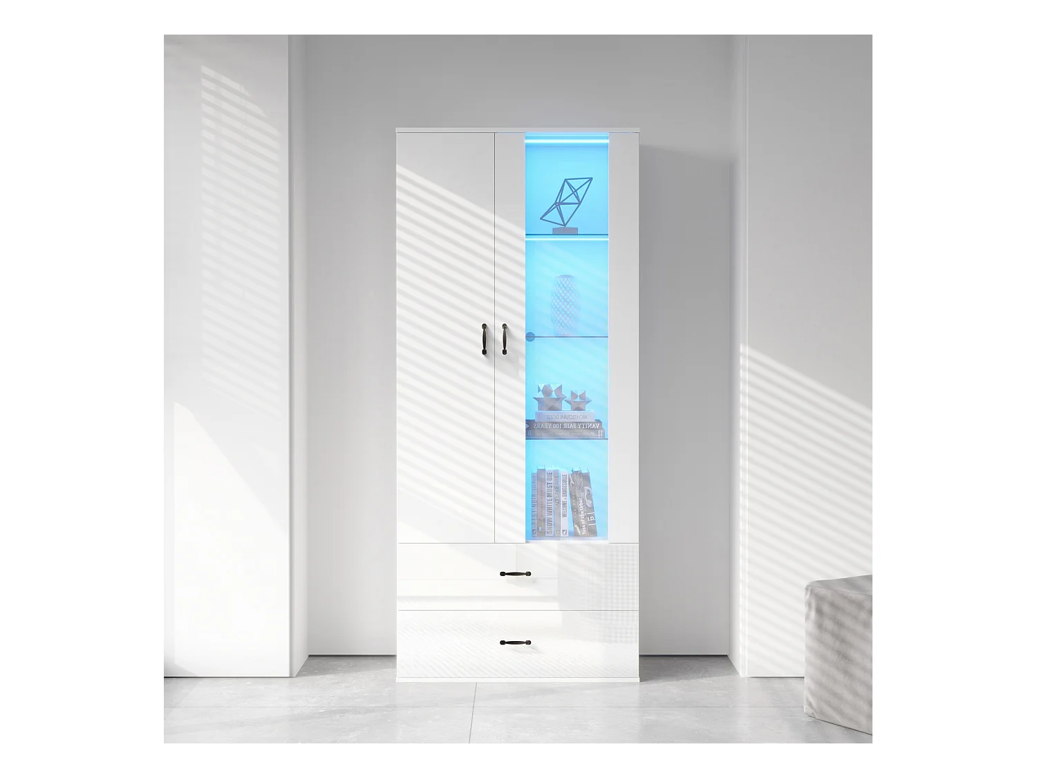 Armário de exposição LED de 16 cores com 2 portas transparentes, buffet iluminado para sala de jantar