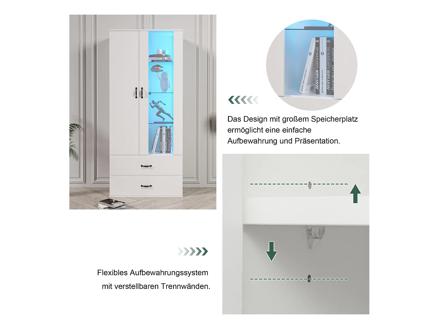 Armário de exposição LED de 16 cores com 2 portas transparentes, buffet iluminado para sala de jantar