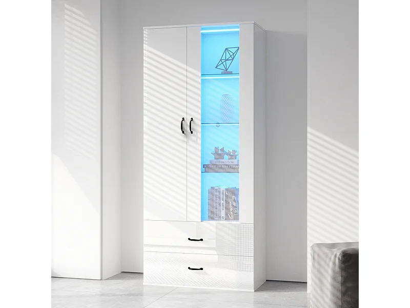 Vitrine LED 16 Couleurs avec 2 Portes Transparentes, Buffet Éclairé pour Salle à Manger