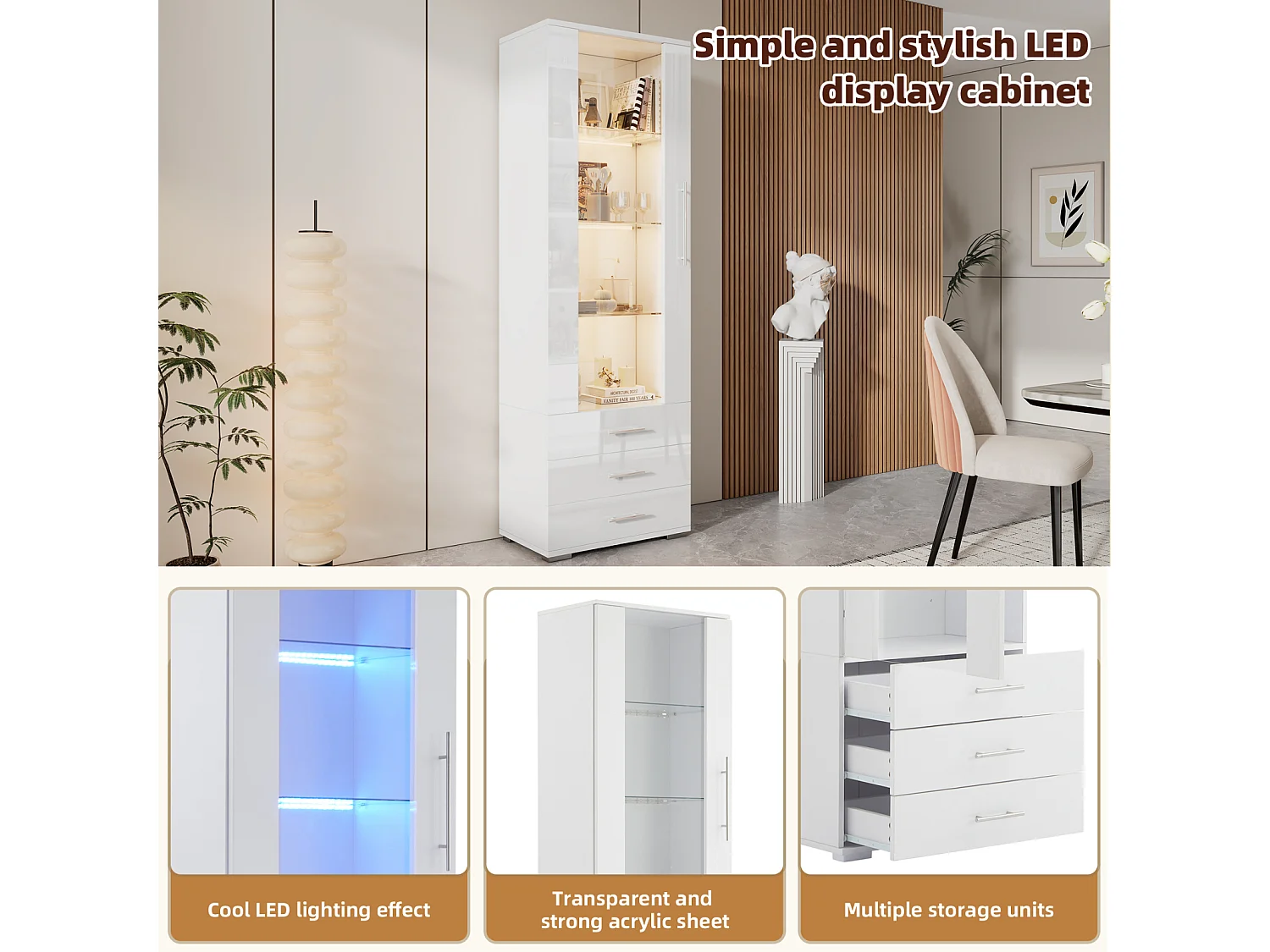 Vitrina blanca alto brillo con LED y 3 cajones, vitrina vertical 60x35x180 cm para salón