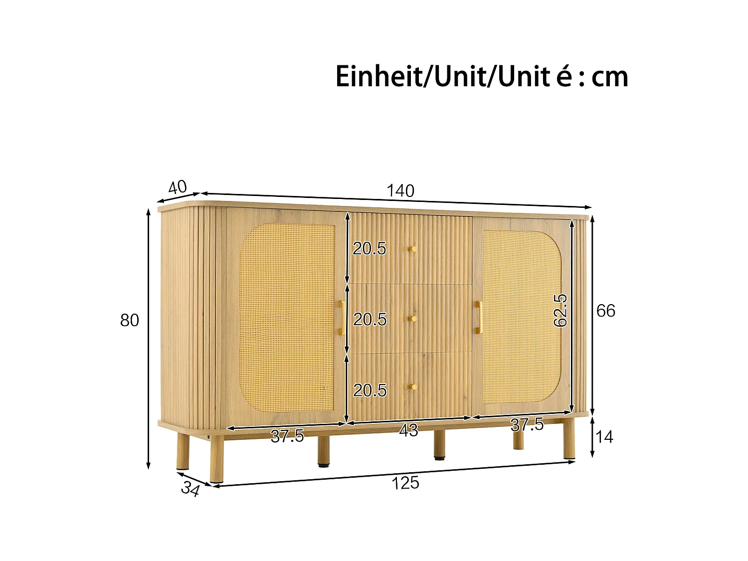 Aparador de ratán con cajones, patas de metal con veta de madera, diseño curvo, 140 x 40 x 80 cm