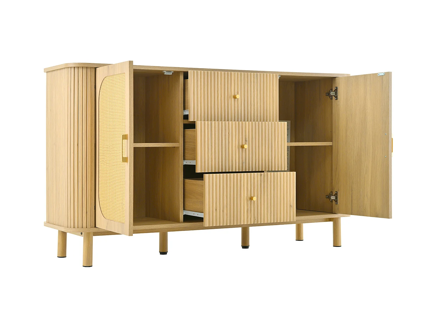 Aparador de ratán con cajones, patas de metal con veta de madera, diseño curvo, 140 x 40 x 80 cm